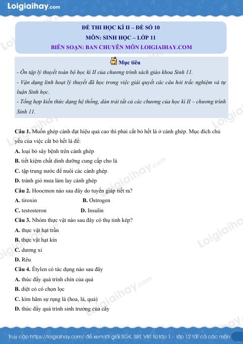 Đề số 10 – Đề kiểm tra học kì 2 – Sinh 11